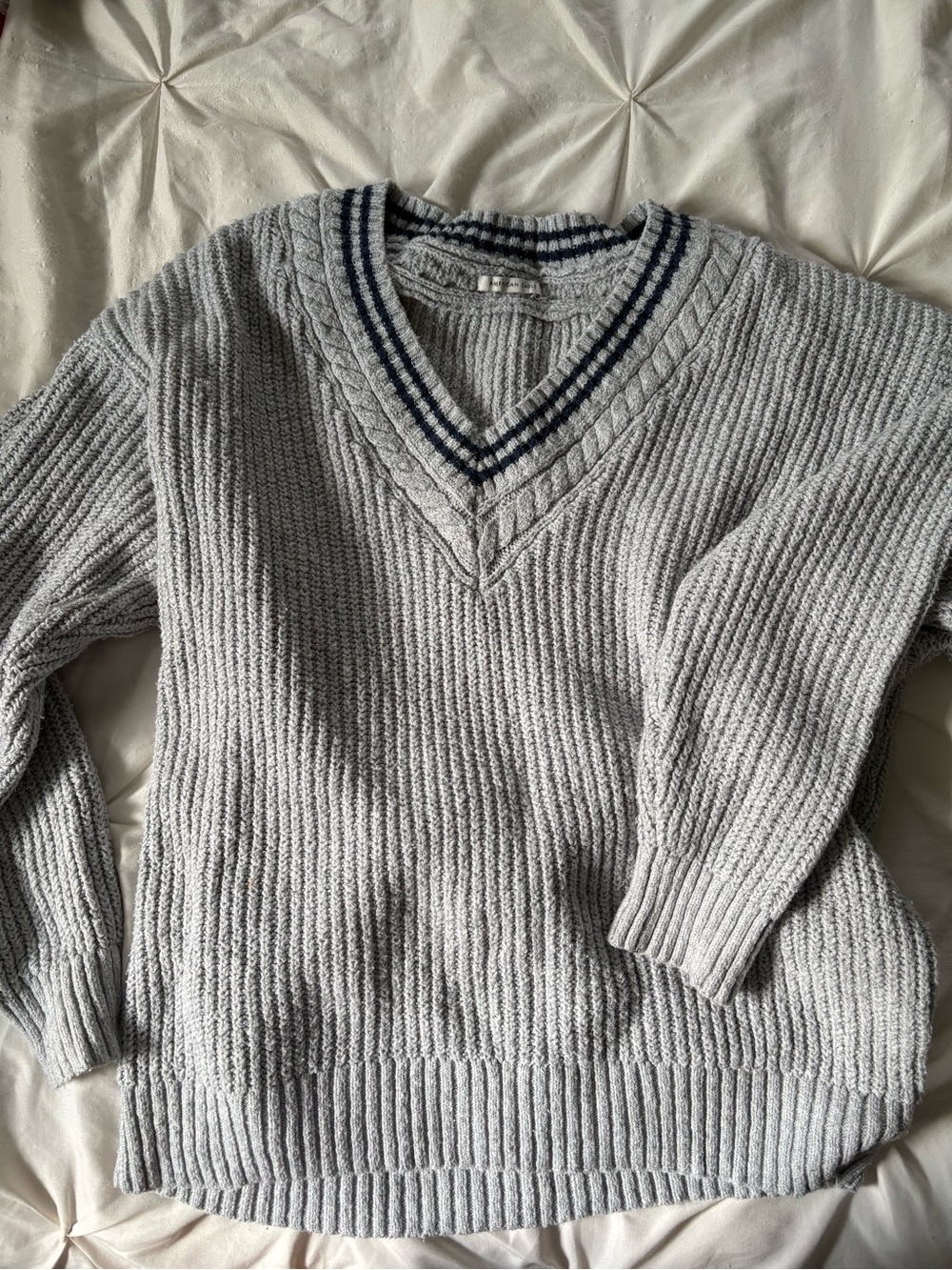 American Eagle Outfitters Light Gray V-Neck Sweater with Navy Trim